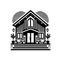 Geometric Black and White Illustration of a Modern Cottage with Striated Sun, Featuring Minimalist Elements and Symmetry. vector