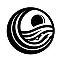 A stylized, black and white circular depicts a sun rising over ocean waves within a bold, minimalist . vector