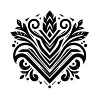 Intricate black and white floral and geometric symmetrical with swirling elements, leaves, and abstract central shape, set against a white background. vector