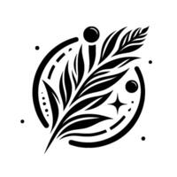 Minimalist Black and White Botanical Illustration with Abstract Orb and Starburst Embellishments, within a Circular Frame, on a Clean White Background. vector