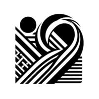 Abstract black and white geometric composition featuring a spiral wave shape, lines, a circle, and various layered forms against a white backdrop. vector