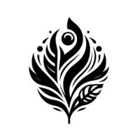 Bold Black and White Floral Crest in Oval Formation, with a Central Eyelike Orb and Stylized Leaf Element. vector