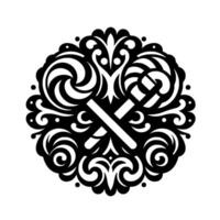 A monochrome, symmetrical featuring a central crossed staff, surrounded by ornate swirling patterns, dots, and stylized floral elements, all on a white background. vector
