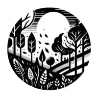 Monochromatic forest scene enclosed in a circle, featuring trees, foliage, stars, and leaves, evoking a serene and stylized landscape. vector