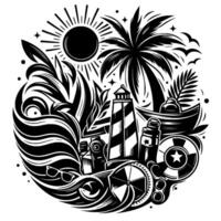A stylized monochrome coastal scene with a lighthouse, palm tree, boat, sunglasses, beach umbrella, sun and other summery elements arranged within a circle. vector
