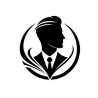 Elegant black and white featuring a stylish man in a suit and tie, framed by a decorative circular , representing professionalism and sophistication. vector