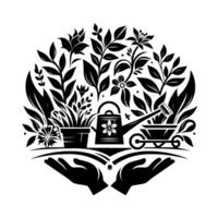 Black white artistic depiction of a gardening scene, with flora, tools, and caring hands, arranged in a symmetrical, circular composition, promoting nature. vector
