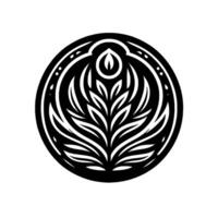 Minimalist Black and White Floral Emblem, Intricate Foliage within a Circular Border, Symbolic on White Background. vector