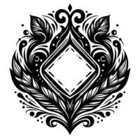 Ornate Monochrome Emblem A symmetrical black and white with a central diamond, floral elements, and swirling decorative patterns. vector