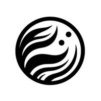 A stylized black and white , possibly a , depicting a circular form containing flowing, leaflike shapes and two dots, set against a plain white background. vector