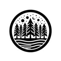 Minimalist Black and White Emblem Nighttime Forest Scene within a Circle, Featuring Pine Trees, Water, and Celestial Elements. vector