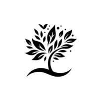 Minimalist black tree silhouette on white background with curved trunk, leaves, and dots, representing growth and nature. vector