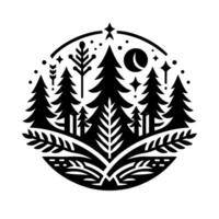 Minimalist Black and White Nature Scene Silhouette of a Forest at Night with Trees, Moon, and Stars, Enclosed in a Circular Frame. vector