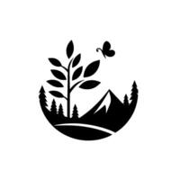 Black and white minimalist emblem featuring a tree, mountains, pine trees, and butterfly, within a circular landscape, isolated on white. vector