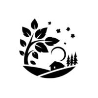 A stylized black and white illustration featuring a house nestled on a hill, framed by a tree, crescent moon, and falling leaves, creating a tranquil, minimalist landscape. vector