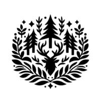 Monochromatic circular illustration of a reindeer amidst fir trees, leaves, stars, and dots, creating a woodland emblem. vector