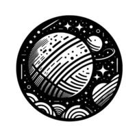 Black and white abstract circular featuring celestial bodies, stars, and swirling cosmic elements, evoking a sense of wonder. vector