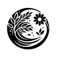 A monochrome, circular botanical illustration featuring stylized leaves, a blossoming flower, and delicate curved lines, creating a balanced, natureinspired . vector
