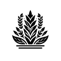 A symmetrical, monochromatic botanical illustration, depicting stylized leaves and wheatlike elements, arranged in a formal, ornamental against a stark white backdrop. vector