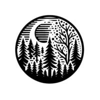 Black and White Circular Nature Scene Silhouetted Pines, Moon, and Bare Tree, evoking peace and harmony. vector