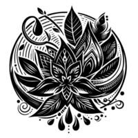 Intricate Black and White Floral Mandala with Detailed Leaf and Droplet Elements, Encased in a Circular Frame. vector
