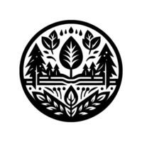 Stylized Black and White Nature Emblem A Circular Illustration featuring trees, foliage, and rain drops within a minimalist . vector