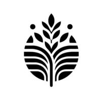 Minimalist Black White Stylized Tree Within Circle, With Foliage and Two HumanLike Dots on Top, Symbolizing Growth. vector