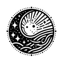 Symbolic monochrome illustration within a circle celestial bodies, including the sun and moon, intertwined with waves and starry sky, representing harmony and duality. vector