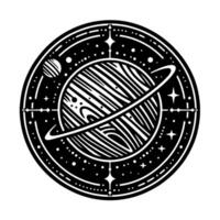 Intricate Black and White Illustration of a Ringed Planet with Stars and Celestial Ornaments within a Circular Frame, Depicting Cosmic Wonder. vector