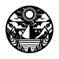 A monochromatic, circular mountain landscape illustration featuring a geometric sun, stylized clouds, and a lake, all within a black and white . vector