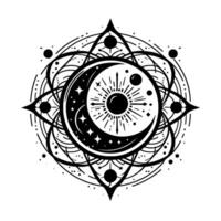 Intricate Celestial Mandala Crescent Moon and Sunburst Symbol Enclosed within a Geometric, Starry , Manifesting Mystical Balance. vector