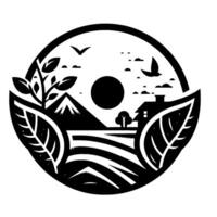 A black and white, minimalist featuring a landscape within a circular frame, including mountains, a house, birds, a tree, leaves, and the sun. vector