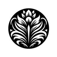 Circular, Black and White Floral Motif A symmetrical botanical within a circle, showcasing intricate leaf and petal arrangements. vector