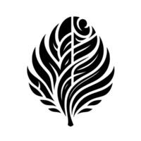 A stylized, symmetrical black and white leaf illustration, featuring a complex arrangement of flowing lines and shapes reminiscent of nature, with organic curves. vector
