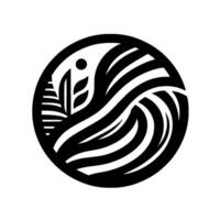 Black and White Circular Abstract featuring a plantlike form, wavy lines, and a central dot, evoking a sense of balance and nature. vector
