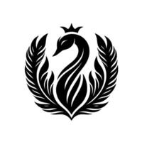 Elegant Black Swan Crest with Crown and Feathered Wings in a Circle, Set Against White Background. vector