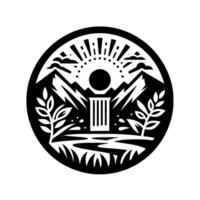 Black and white circular emblem depicting mountains, sunrise, plants, river, pillar, and clouds in a minimalist, flat . vector