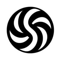 Abstract circular featuring interwoven black and white curved stripes, creating a dynamic, swirling composition on a stark white background. vector