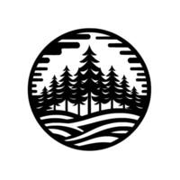 Silhouette of pine trees and layered terrain within a circular frame, minimalist black and white illustration with a serene, natural aesthetic. vector