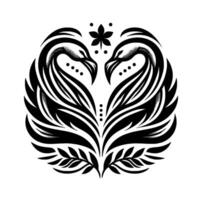 Symmetrical Floral Swan Emblem in Black and White, Featuring Intricate Line Work, a Symbolic Arrangement, and a Decorative Floral Element vector