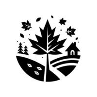 A circular minimalist illustration featuring a stylized maple leaf tree, a cozy cabin, falling leaves, and a small forest scene, all rendered in black and white. vector