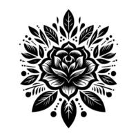 Intricate Black and White Mandala Featuring a Rose as the Central Motif, Surrounded by Detailed Leaves and Delicate Dots, Symbolic of Harmony. vector