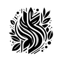 Abstract Black and White Floral Illustration with Geometric Shapes, Dotted Patterns, and Foliage, Arranged Centrally on White. vector