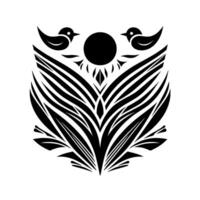 Serene Black and White Floral Crest with Birds and Sun A Symmetric and Minimalist . vector