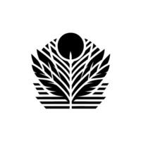 Symmetrical abstract with a black silhouette of a stylized plantlike form, a circle at the apex, and a striped base on a white background. vector