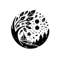 A stylized black and white circular illustration featuring a tree, falling leaves, apples, a sailboat, and a small forest, representing the seasons of change. vector