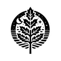 Minimalist Black and White Emblem A Maple Leaf Tree within a Circle, Featuring a Crescent Moon, Stars, and Abstract Horizontal Lines. vector