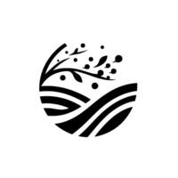 A minimalistic black and white featuring a stylized tree with berries over a set of layered curved lines suggesting rolling hills inside a circle on a white background. vector