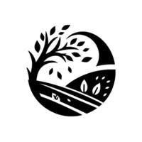 Stylized black and white circular of a tree, leaves, hills, and fields, evoking natures harmony, balance, and minimalist . vector