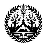 Intricate Black and White Circular Emblem Depicting a Forest Scene with Deer, Mountains, Trees, and a Laurel Wreath Border, Illustration. vector